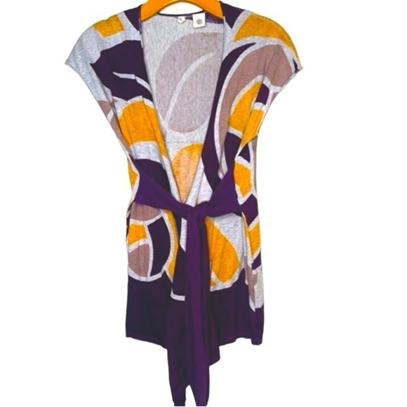 Anthro Moth Wrap Around Sleeveless Cardigan Sweater Lightweight Purple Yellow M - Picture 1 of 15